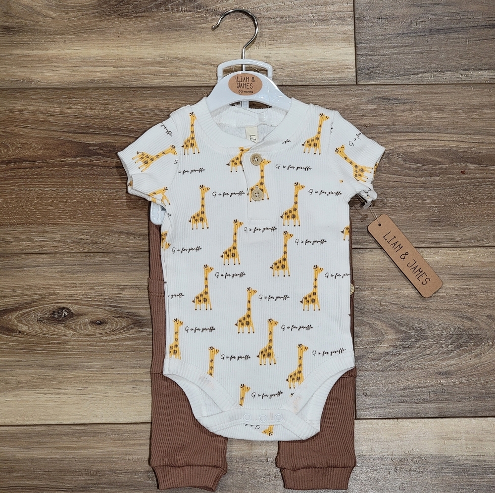 Two Piece Set Giraffe Print Bodysuit and Brown Pants, 0-3 Months, NWT